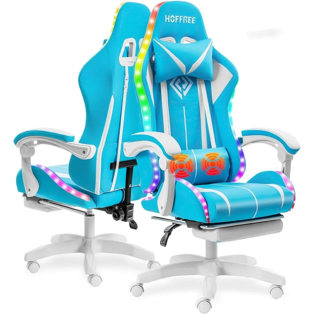 كرسي ألعاب مريح LED RGB مع تدليك، ودعم قطني قابل للتعديل، ومسند للقدمين لراحة عالية الظهر في ألعاب الفيديو
