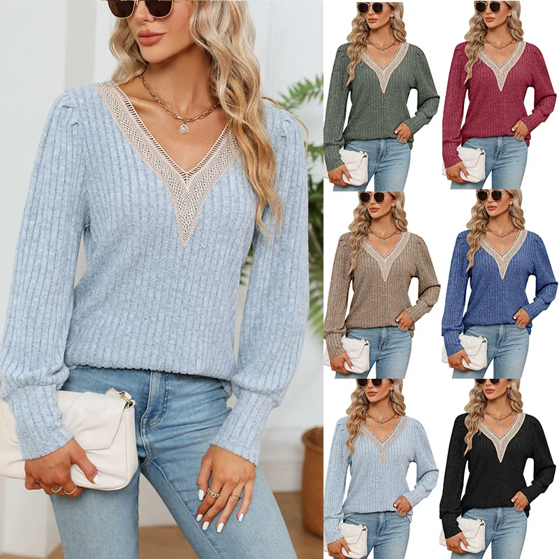 

Y2K autumn and winter women's sweater fashion knitted long-sleeved top V-neck lace loose pit strip jumper casual knitted sweater