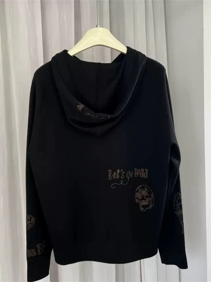 Rhinestone Letter Wing Women's Long Sleeve 100% Wool Loose Fashion Hoodies Autumn and Winter Sweatshirt