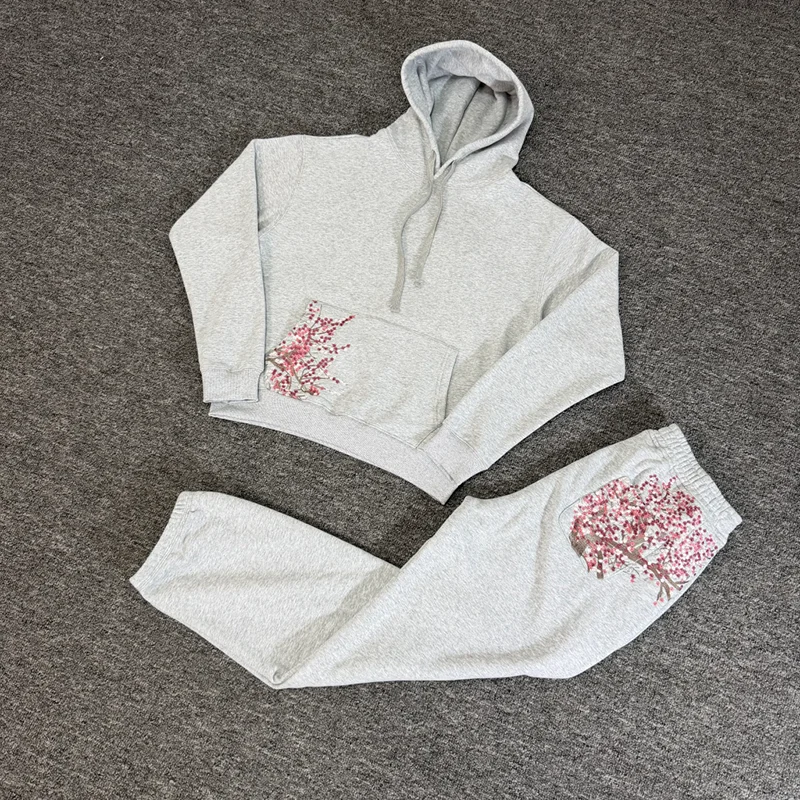 Kirschblüten-Grafik Jogginghose für Herren, Baumwolle, Elastischer Bund, Stickerei, Oversized American Streetwear Sport-Trainingshose – Detail 4