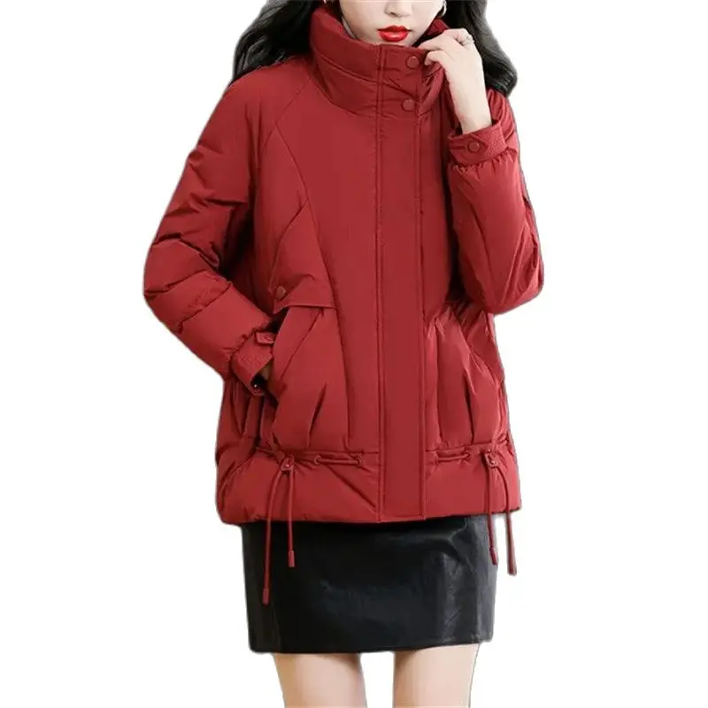 

Winter Short Cotton Jacket Women 2023 New Loose Stand-Up Collar Coat Fashion Drawstring Outerwear Thicken Parka Overcoat Female