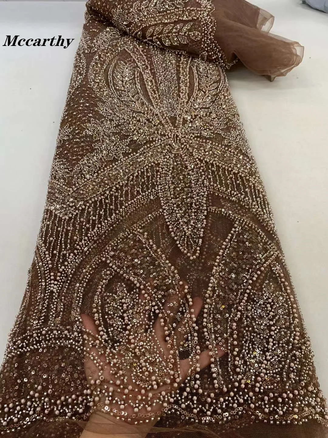 

2024 High Quality African Handmade Beaded Lace Fabirc Nigreian Embroidery Luxury Sequins Lace Fabric Women Wedding Dress