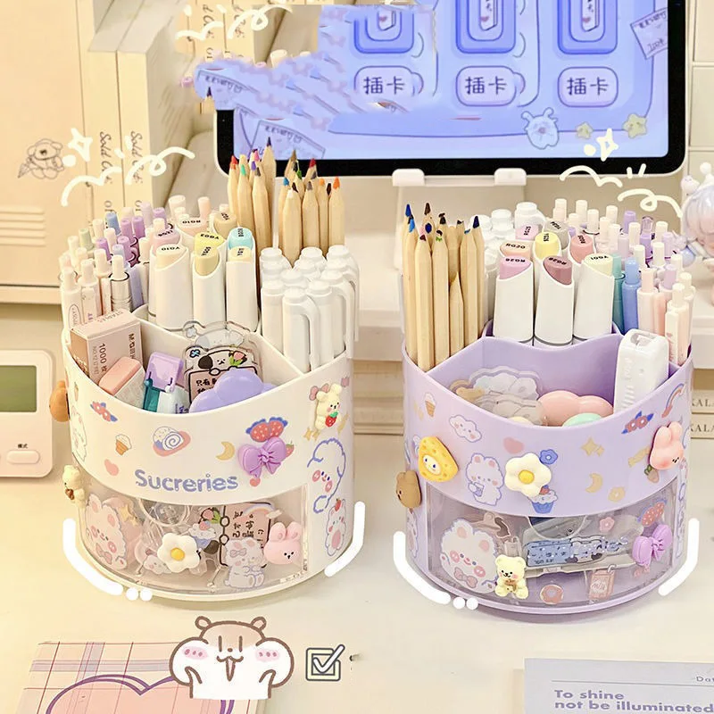 

Cute Rotating Pen Holder Kawaii Stationery Storage Box Desktop Drawer Stationery Case School Office Pen Holder Desk Organizer