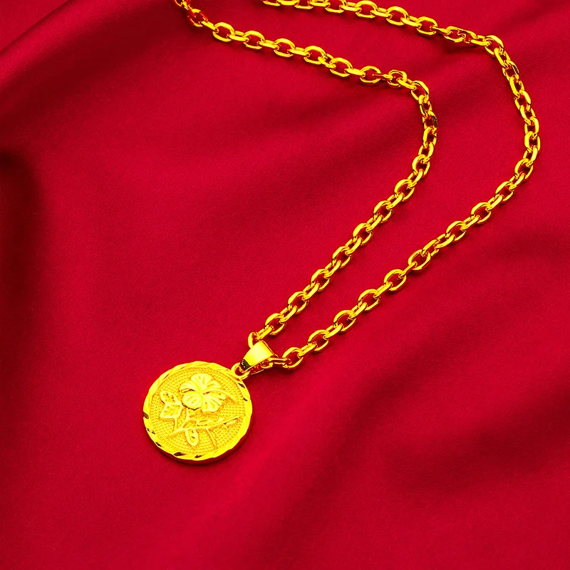 AU999 Rose Pendant Fashion Necklace Women's 24K Gold - Shiny rose, non-deformable chain, value-preserving, top fashion jewelry