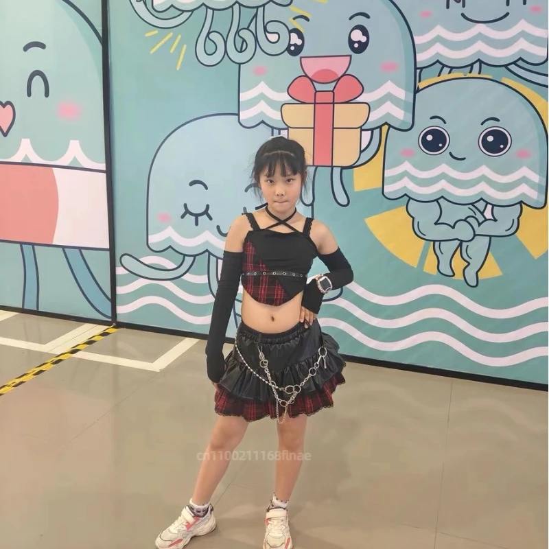 Костюм для джазового танца для девочек, комплект для танцевальных выступлений, топ + юбка + пояс + чехол для ног, детский прогулочный костюм для уличных танцев