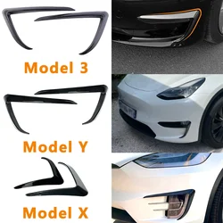 2X Front Fog Lamp Eyebrow Wind Knife For Tesla Model 3 Y X 2015-2023 ABS Glossy Black Fog Lamp Trim Carbon Look Blade Trim Light