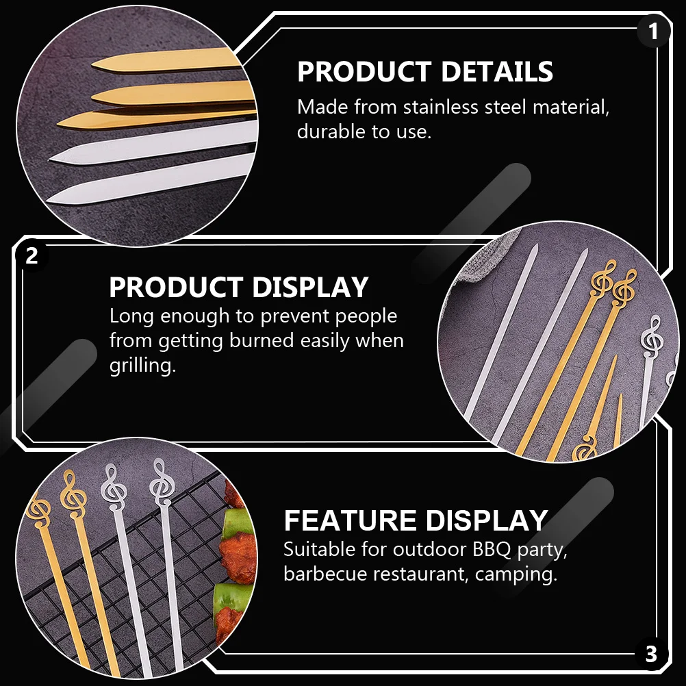 

5pcs Music Note Bbq Skewers Stainless Steel Reusable Grilling Forks Flat Design For Vegetables Meat Outdoor Barbecue Camping