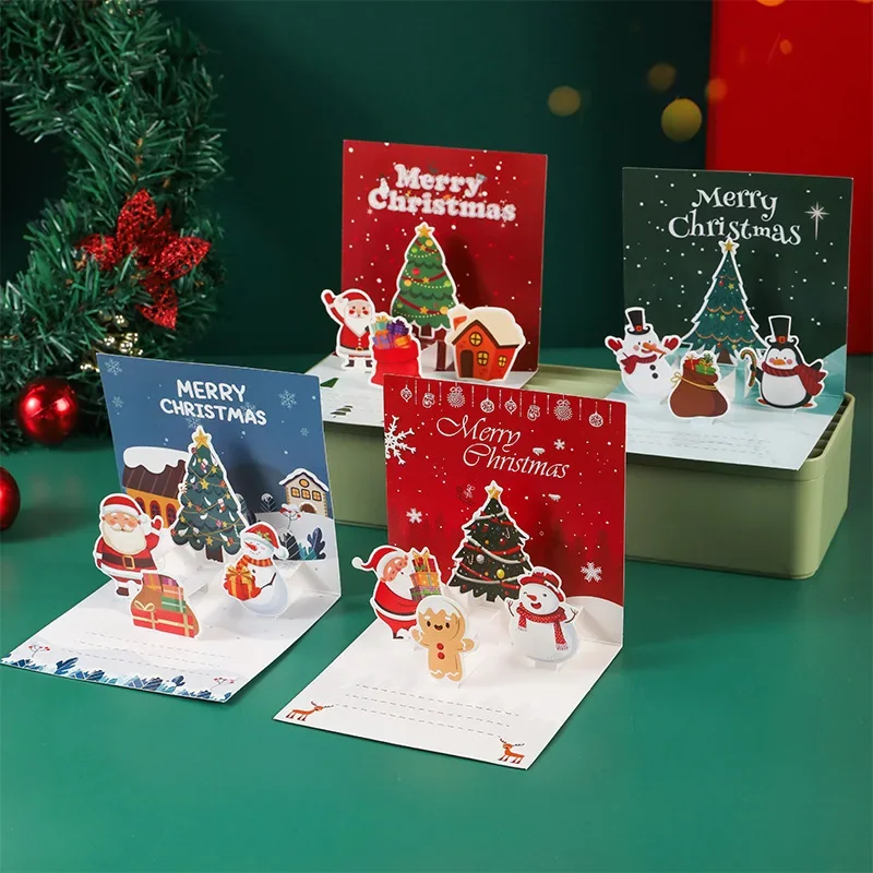 3D Pop Up Cartoon Christmas Card Merry Christmas Greeting Card Handwritten Blessing Invitation Cards Thanksgiving New Year Gifts