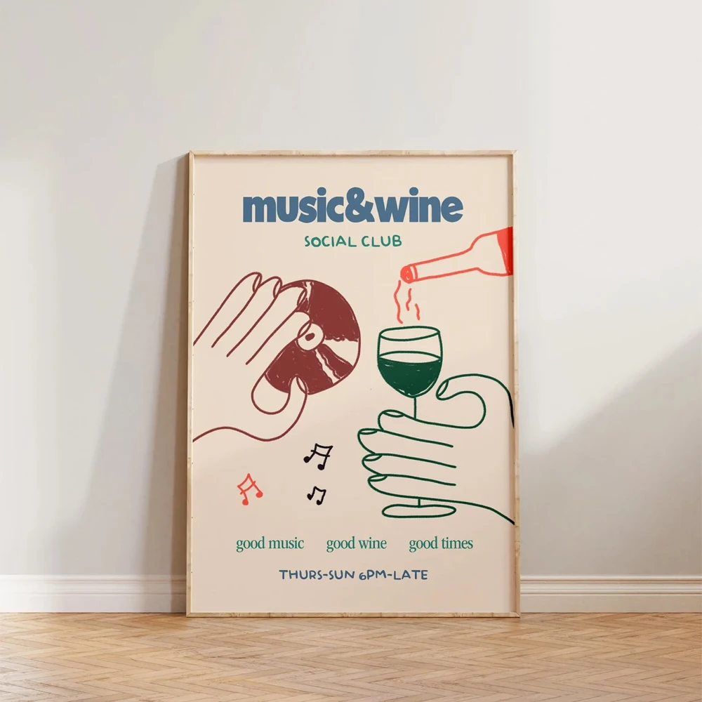 1PC Frameless Retro Music & Wine Illustration Posters Canvas Painting Wine Hand Drawn Print Wall Art Home Kitchen Club Bar De