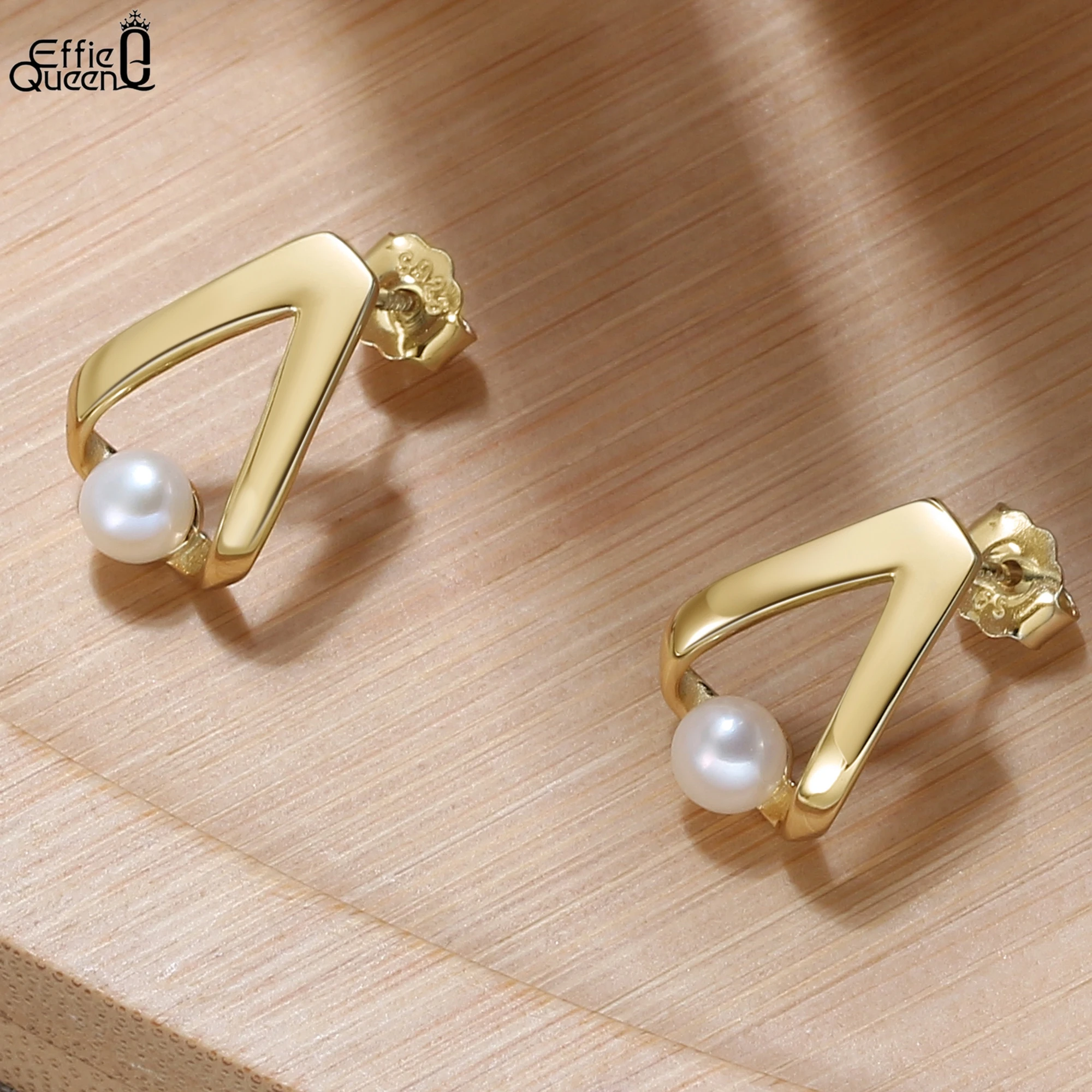 

Effie Queen 925 Pure Silver 14k Gold Triangle Freshwater Pearl Stud Earrings Banquet Jewelry for Women Wedding Party Gift GPE35