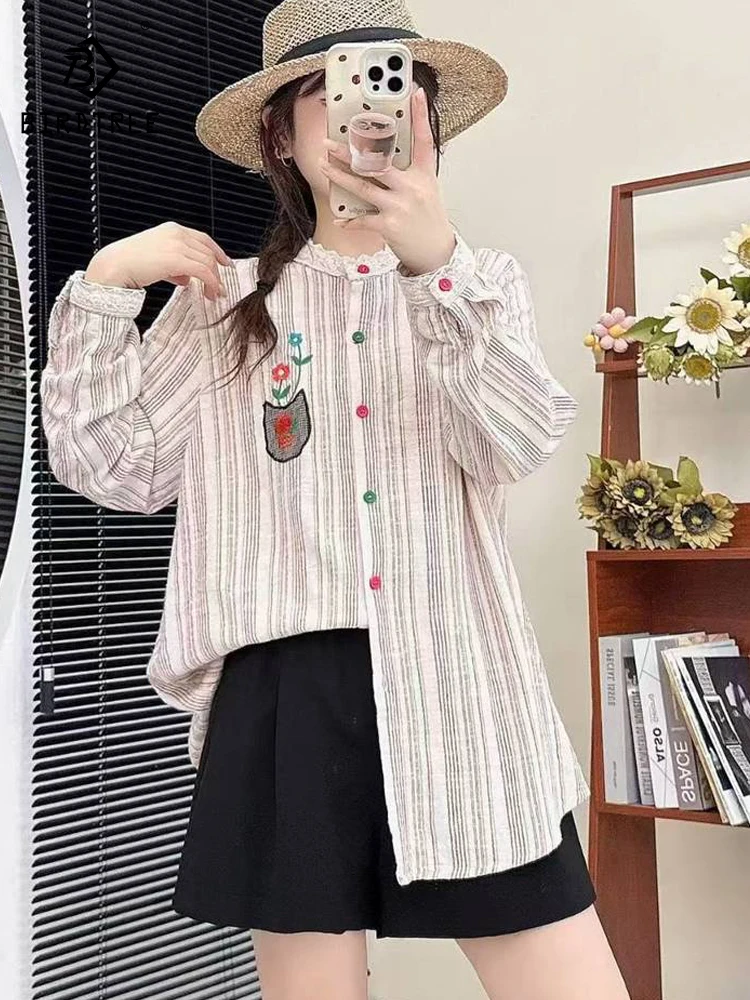 

Новая женская хлопковая блузка с длинным рукавом на весну 2026 года, с вышивкой в полоску, в стиле Mori Girl, французский преппи, свободного кроя, T61420CC