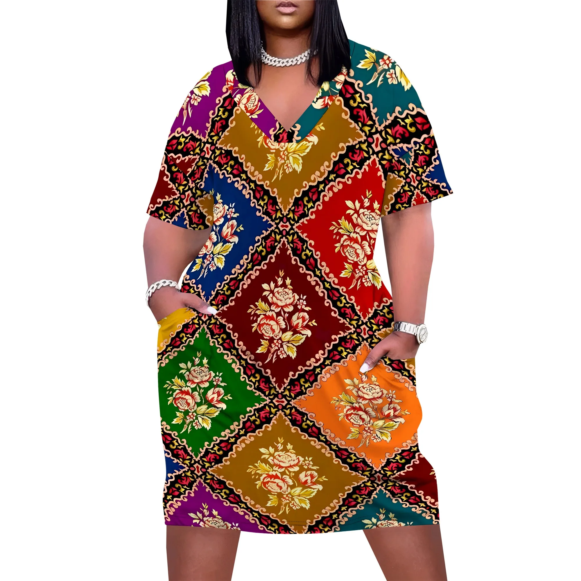 Plus Size Bohemian Patchwork Midi Dress for Women V Neck Casual Ethnic Print Summer Dress