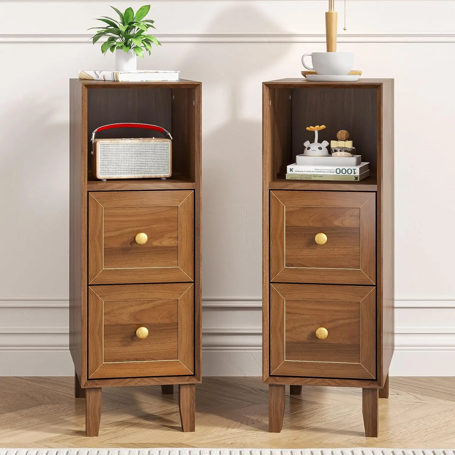 

Walnut Wood Narrow Nightstand Set 2 Drawers Mid Century Modern Bedroom Side End Table, Customized