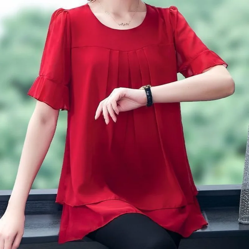 Chiffon Short Sleeve Shirt Tops Summer New Chiffon Loose Solid Color Patchwork Pleated Blouse Vintage Casual Women Clothing