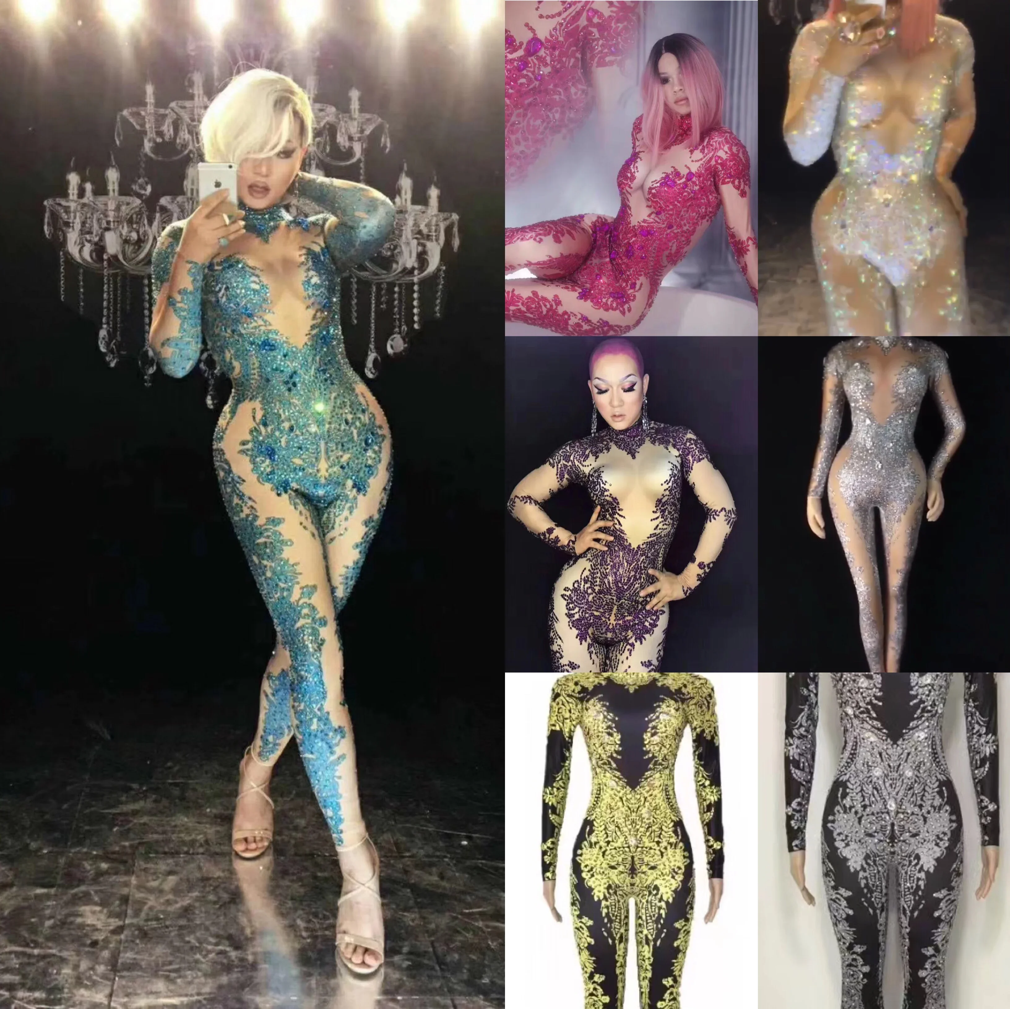 Jumpsuit kristal Rhinestones Leotard kostum seksi Bar klub malam wanita penyanyi pesta dansa pertunjukan pakaian panggung 7 warna