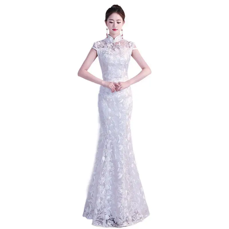 White Women Elegant Mandarin Collar Bridal Wedding Dress Sexy Slim Lace Novelty Cheongsam Exquisite Mermaid Trim Long Qipao