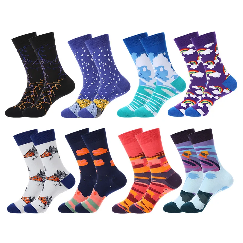 Fashion Weather Fruit Leaf Oil Painting Series Men's Mid tube Tidal Socks Tidal Brand Spring and Autumn Cotton Socks