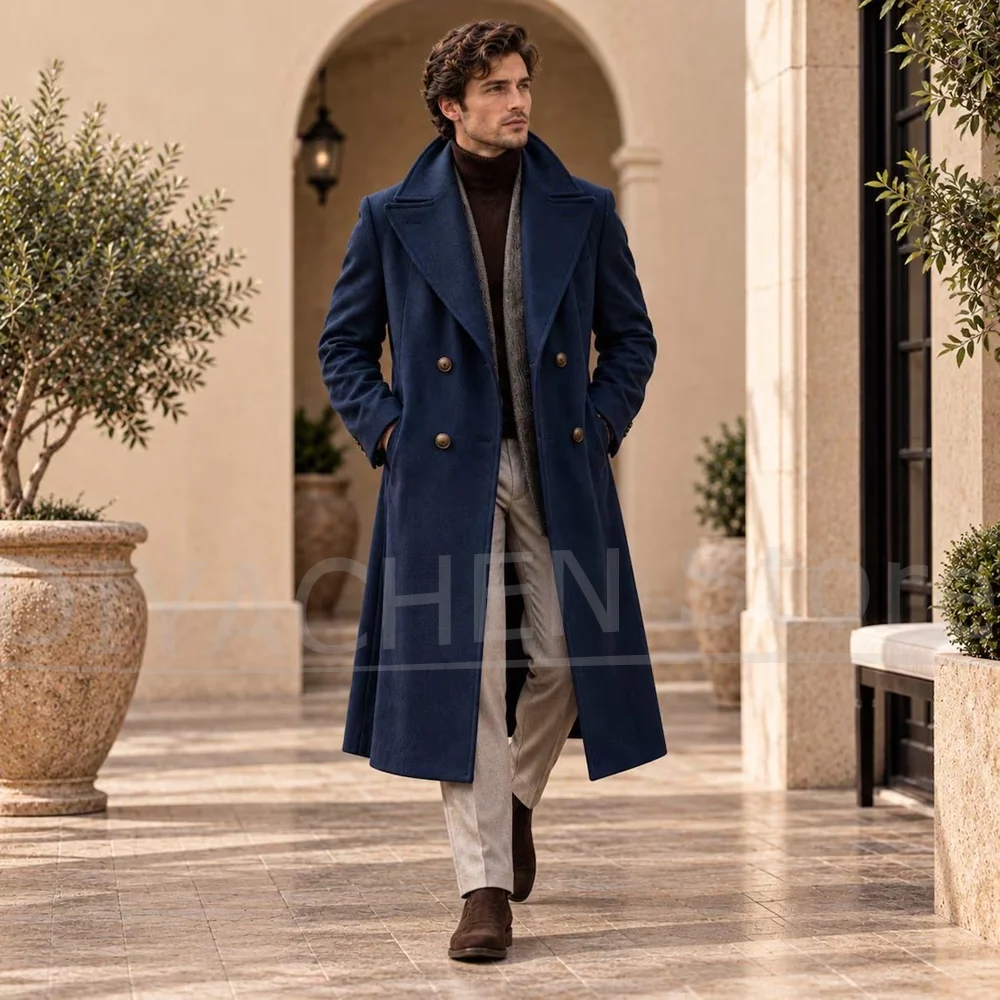Men Navy Blue Wool Blend Long Blazer Chic Double Breasted Peak Lapel Coat Formal Business Casual Daily Male Jacket 1 Piece