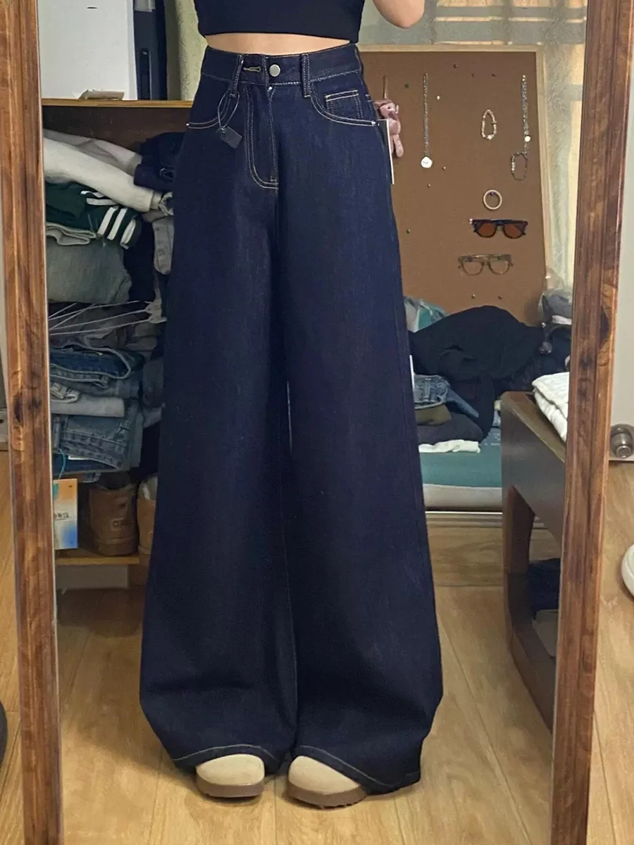 Jeans met hoge taille en wijde pijpen, rechte denimbroek voor dames, lente herfst, plus maat, peeraplichaam, losse afslankende vloerlengte