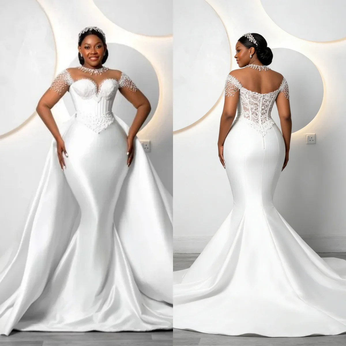 

Custom White Luxury Detachable Train Satin Mermaid Wedding Dress 2026 Beaded Lace Bridal Gown Plus Size Vestido De Novia