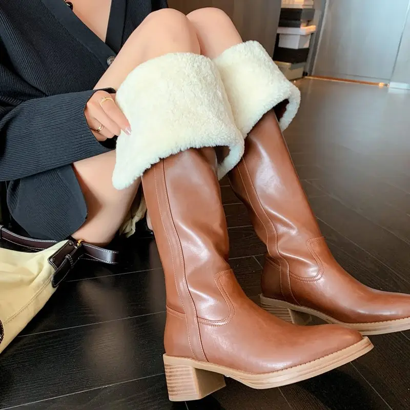 MORAZORA 2024 New Winter Snow Boots Women Genuine Leather Square High Heels Warm Thigh High Over The Knee Boots SIze 34-40