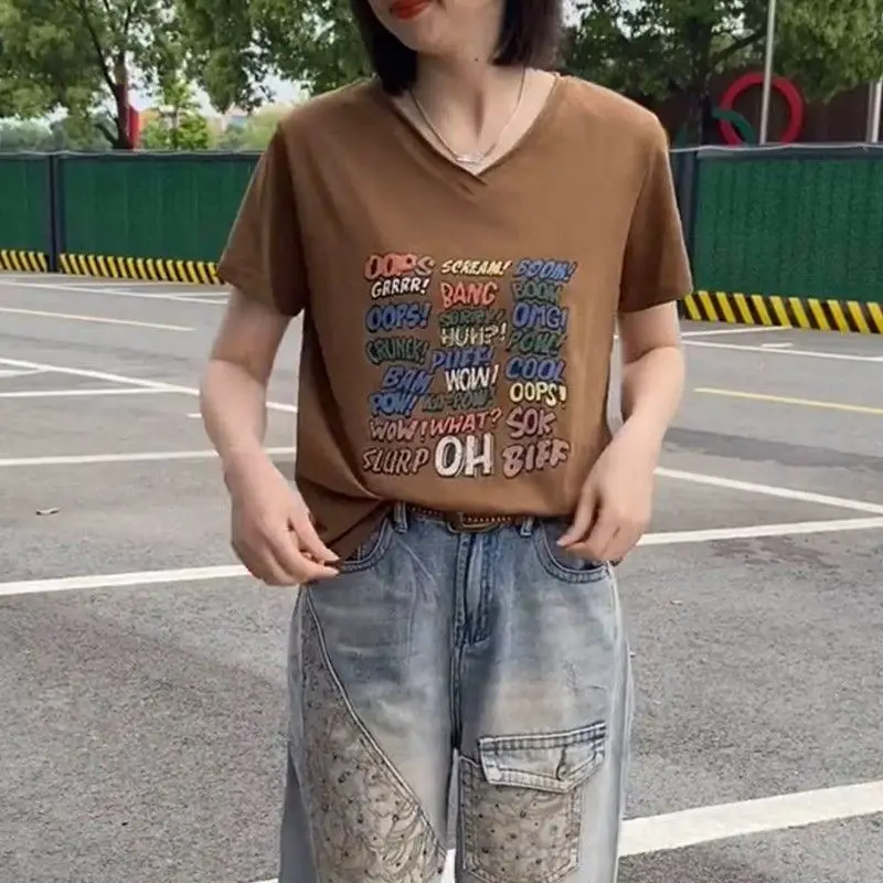 

Women's T-shirt Short-sleeved V-neck Fashionable Printed Loose Versatile Fashionable Shirt Top