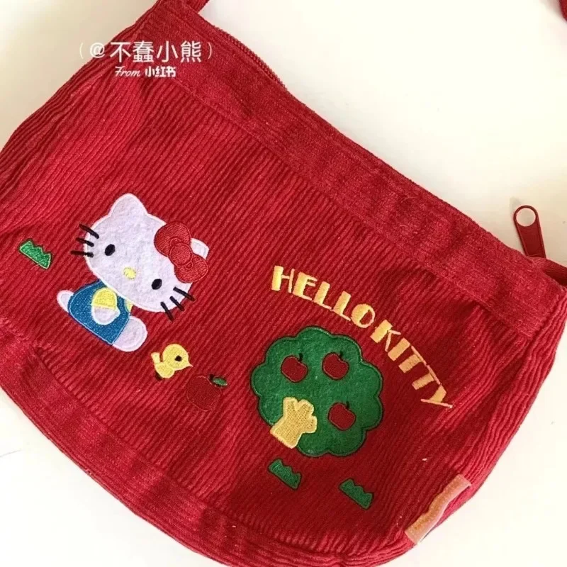 Sanrio Hello Kitty Bag 2024 New Hellokitty Backpacks Retro Crossbody Bag Handmade Embroidered Corduroy Red Handbag Shoulder Bag