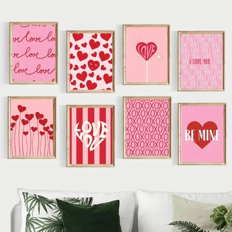 Valentines Day Pink Romantic Loving Heart Minimalist Wall Art Print Diamond Painting Posters for Living Room Modern Home Decor