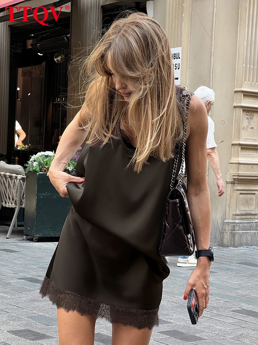 

TTQV Summer Loose Brown Satin 2 Piece Set Women 2026 Fashion Sleeveless Tank Top With High Waist Mini Skirt Set Female