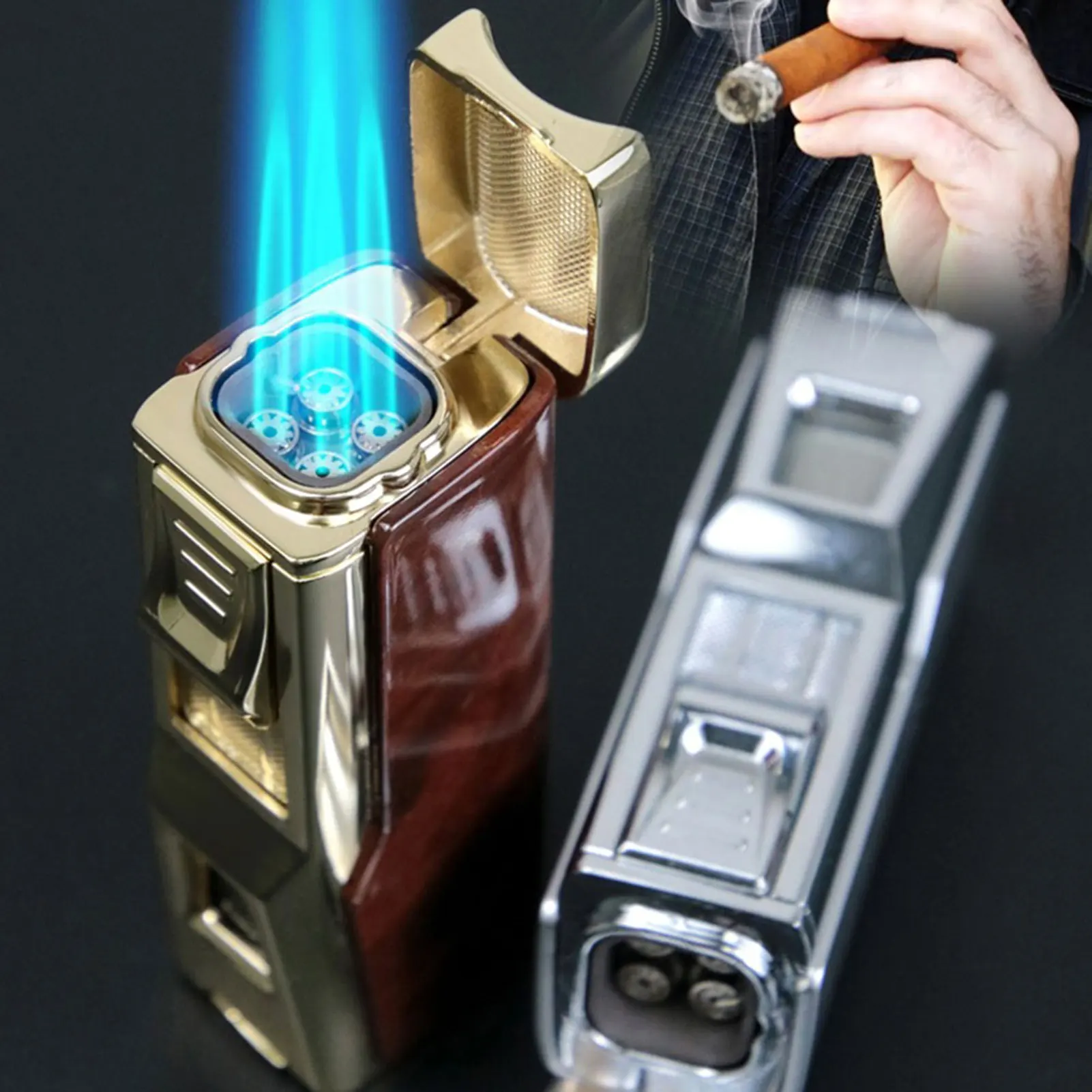 

Зажигалка с четырьмя струйными пламенными горелками и резаком для сигар, многофункциональные регулируемые бутановые зажигалки, подарок для мужчин