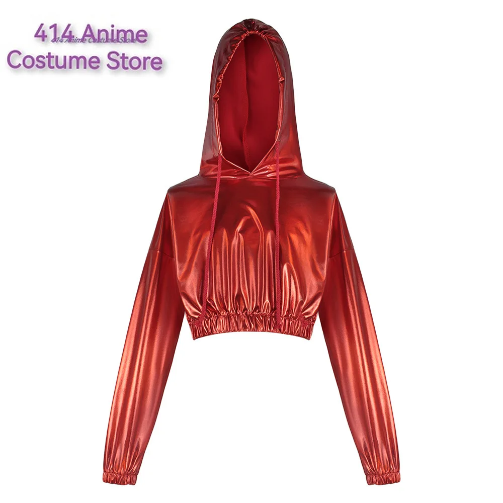 Sexy Cropped Holographic Hoodies Women Shiny PU Metallic Hoody Sweatshirt Pants Drawstring Pullovers Streetwear Cosplay Costume