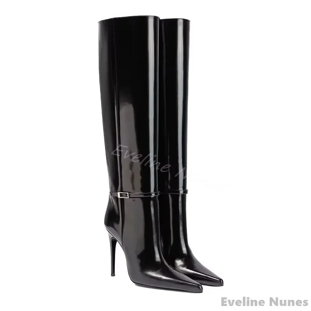 

Pointed Toe Patent Leather Knee High Boots Women Ankle Belt Buckle Stiletto Heel Slip On Solid Long Boots New Fashion Sexy Boots