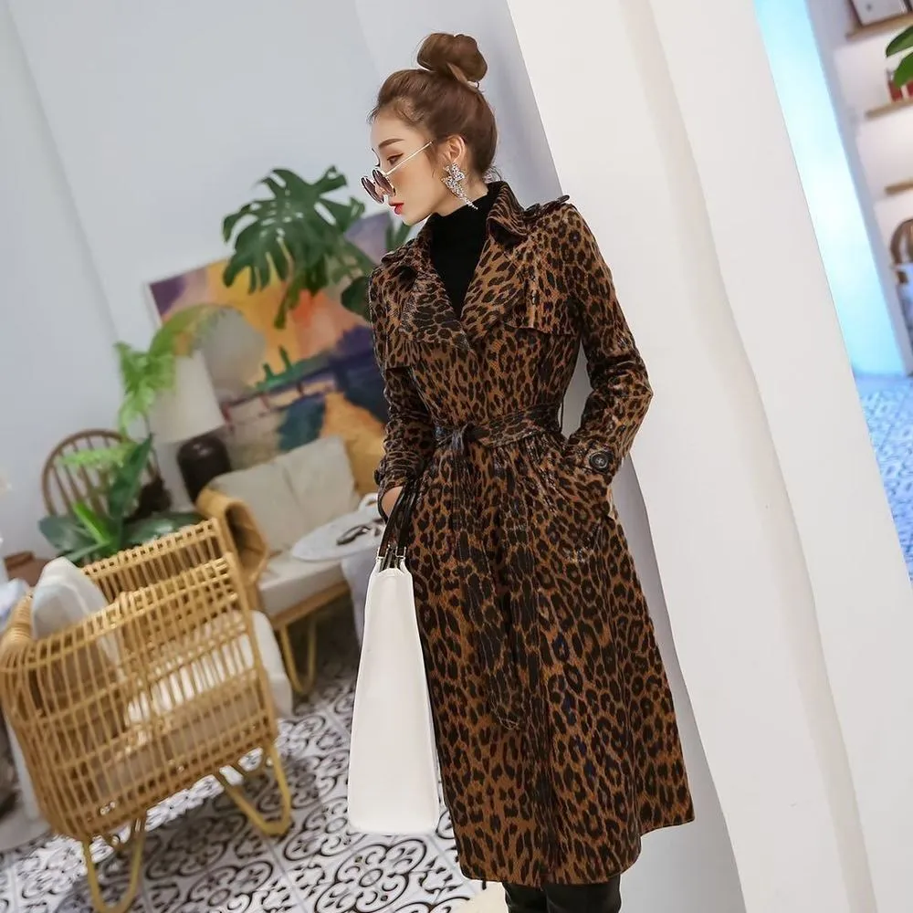 Mujer Abrigos 2023 Korean Fashion Leopard Print Trench Coats For Women Autumn Elegant Ladies Windbreaker Retro Mid-Long Outwear