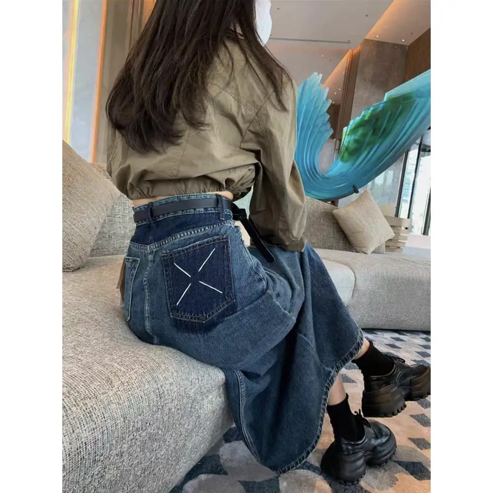 

Юбка трапециевидной формы с высокой талией для женщин, весенний сезон, утягивающие джинсовые юбки с разрезом, облегающая юбка из полиэстера для девочек-подростков