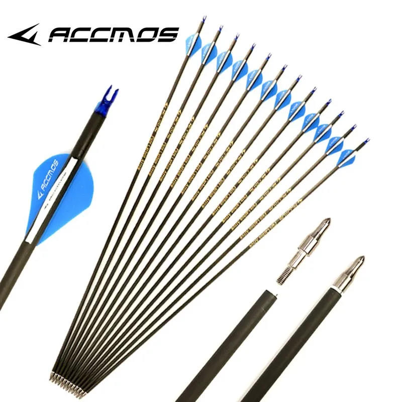 12pcs ID 6.2mm Spine 300 350 400 500 600 700 800 Pure Carbon Arrow For Compound /Recuvre Bow Shooting Hunting Practice