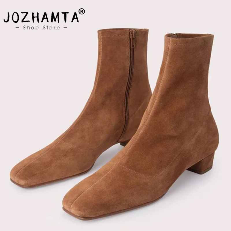 JOZHAMTA Size 34-43 Women Ankle Boots Suede Real Leather Zipper Thick Mid Heels Shoes Fall Winter 2025 Casual Office Daily Dress