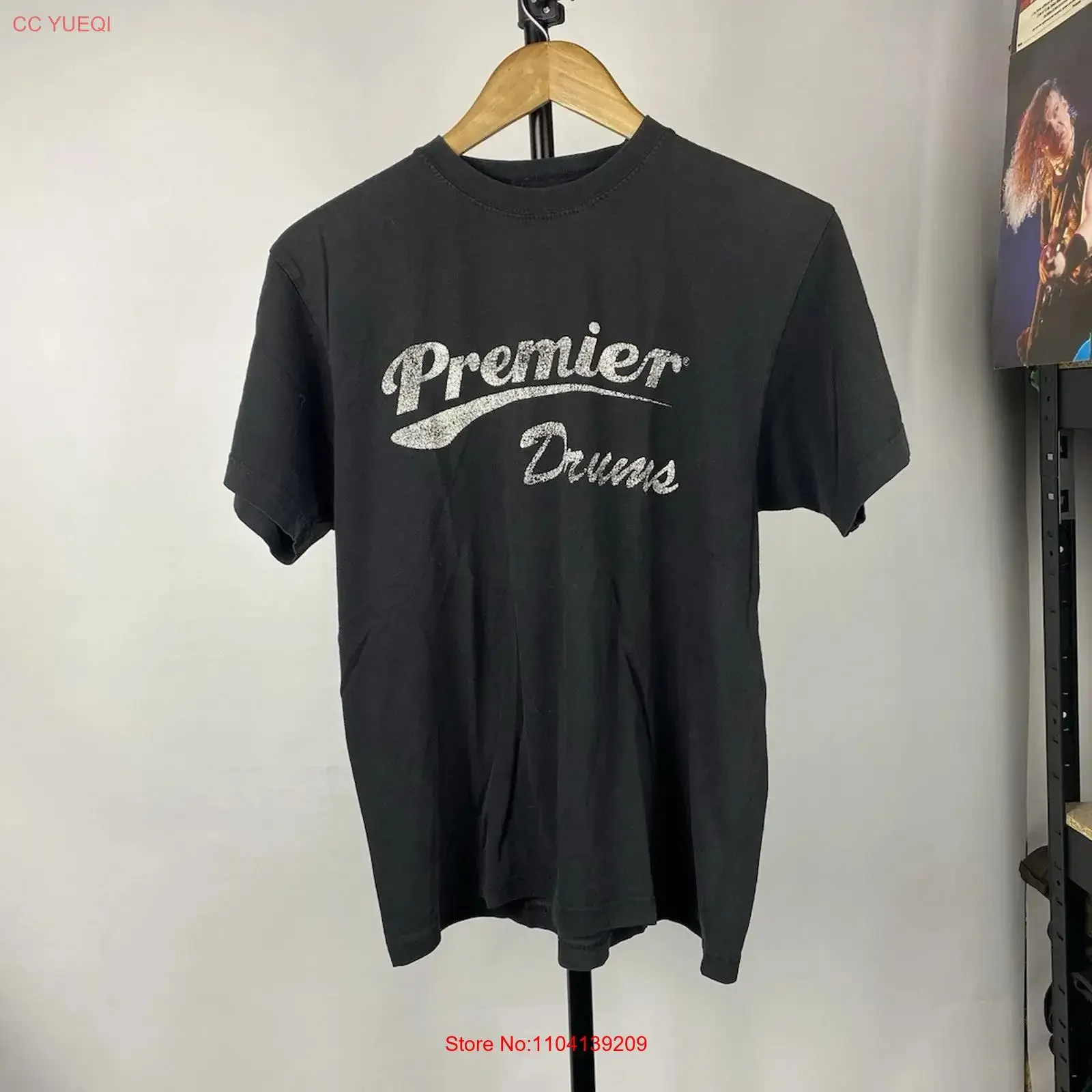 Vntg Premier Drums Black Faded T Shirt Mens Medium Size vintage Washed designer clothes Soft homme Versatile Stretched Casual