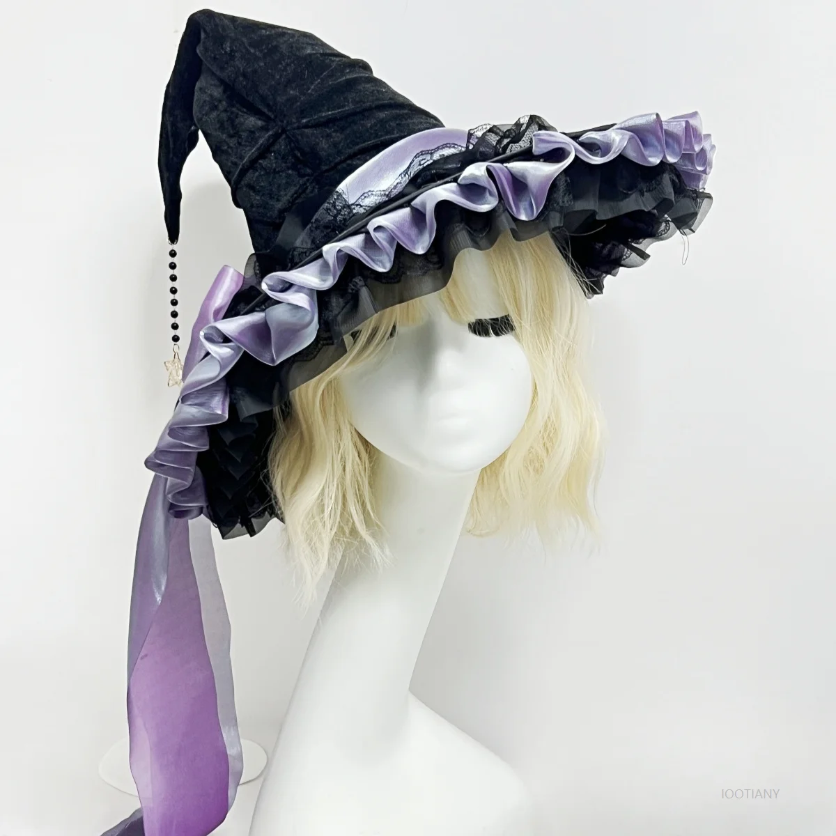 Halloween Party Witch Magic Hat Costume Girl Carnival Gothic Dark Lolita Cosplay Bow Black Crooked Ruffled Wizard Hat Accessory
