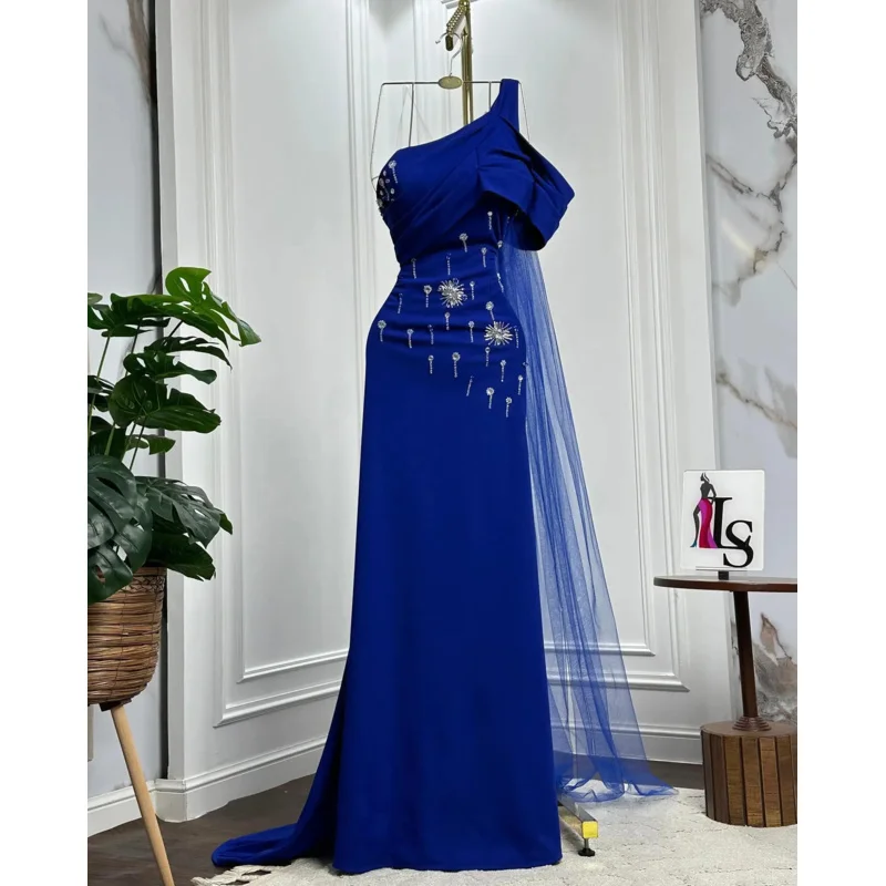 Indie Saudi One Shoulder Prom Gown Women Beaded Blue Party Evening Dress Floor Length Formal Occasion Dresses 2025 Customized