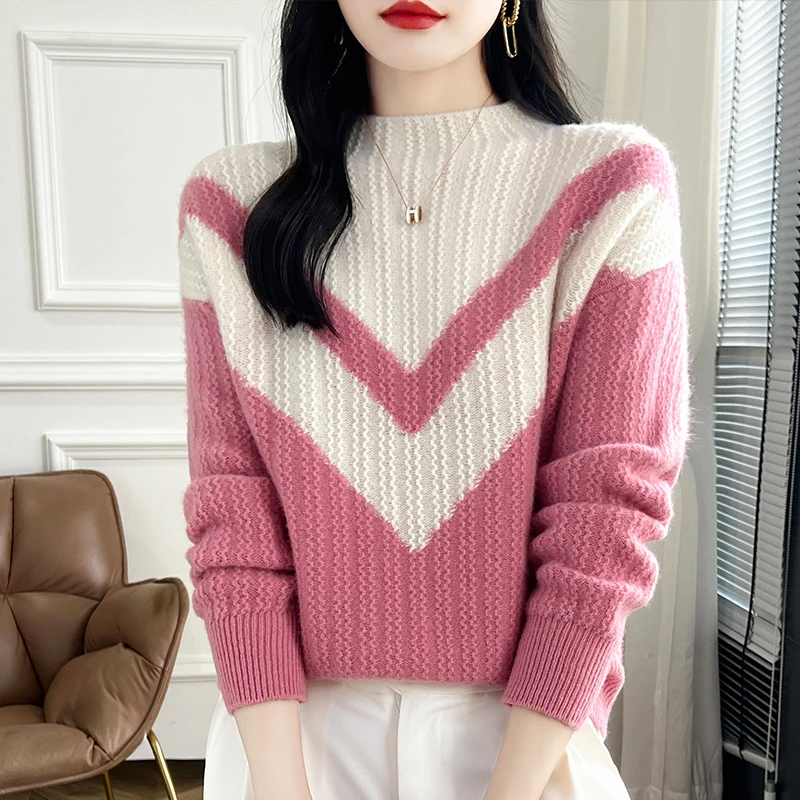 

New Women's Clothing Autumn Winter 100% Wool Thickened Knitted Pullover Loose Large Size Tops Contrasting Color Stand Up Collar