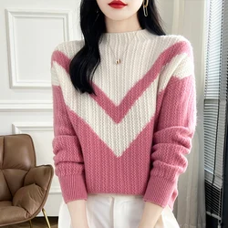 New Women's Clothing Autumn Winter 100% Wool Thickened Knitted Pullover Loose Large Size Tops Contrasting Color Stand Up Collar