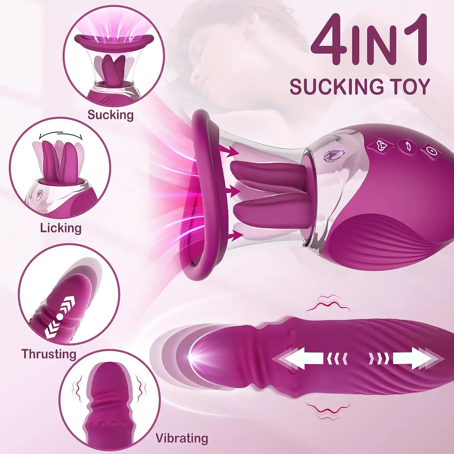 HESEKS 4 in 1 Sucking Tongue Licking Thrusting Vibrators Clitoral Nipple Sucker Pump Stimulator Rose Toys for Couples Woman