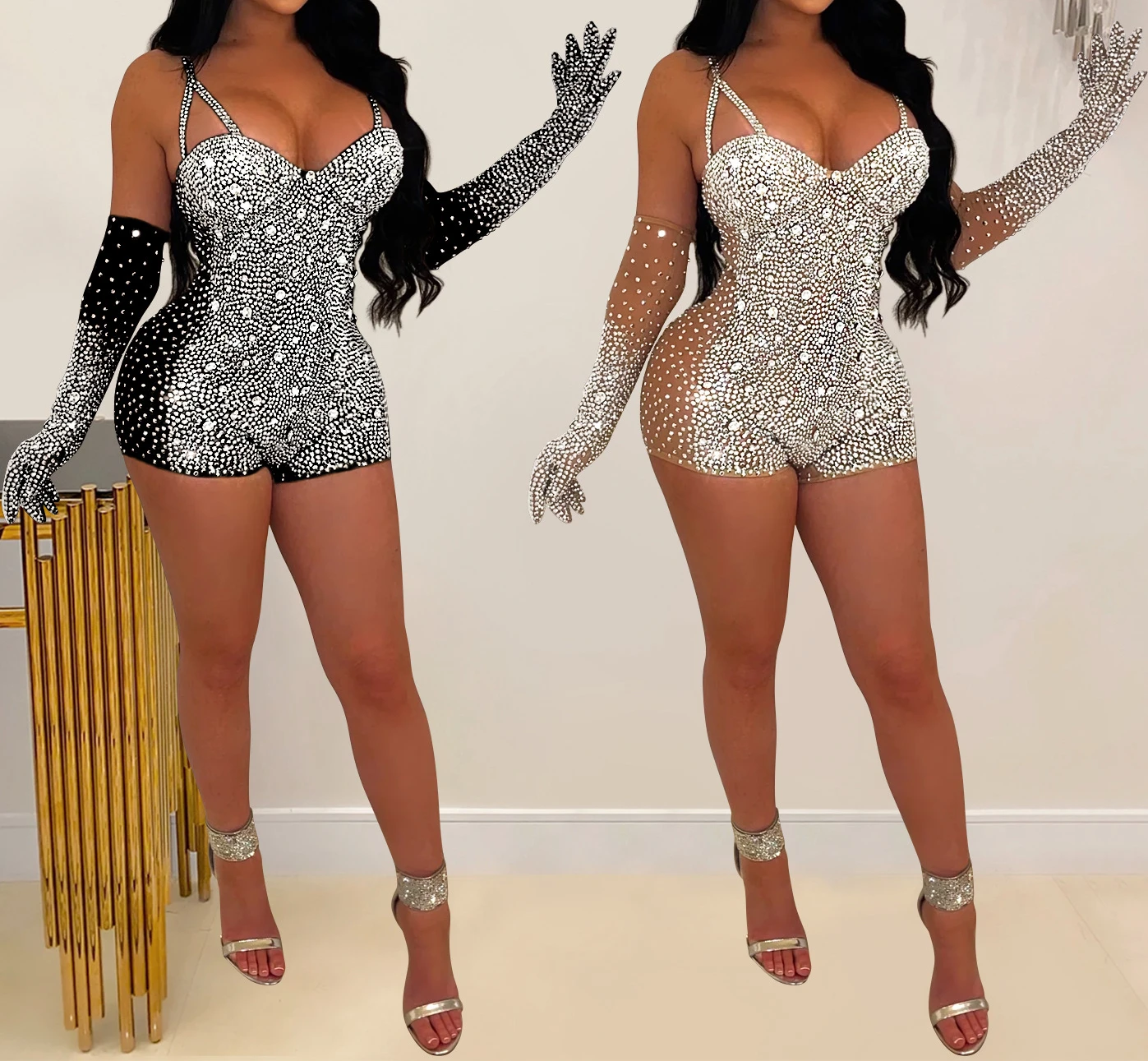 

Women Diamonds Rhinestones Spaghetti Strap Short Jumpsuits With Gloves Sexy Party Club One Piece Suit Rompers Playsuits HXY8156