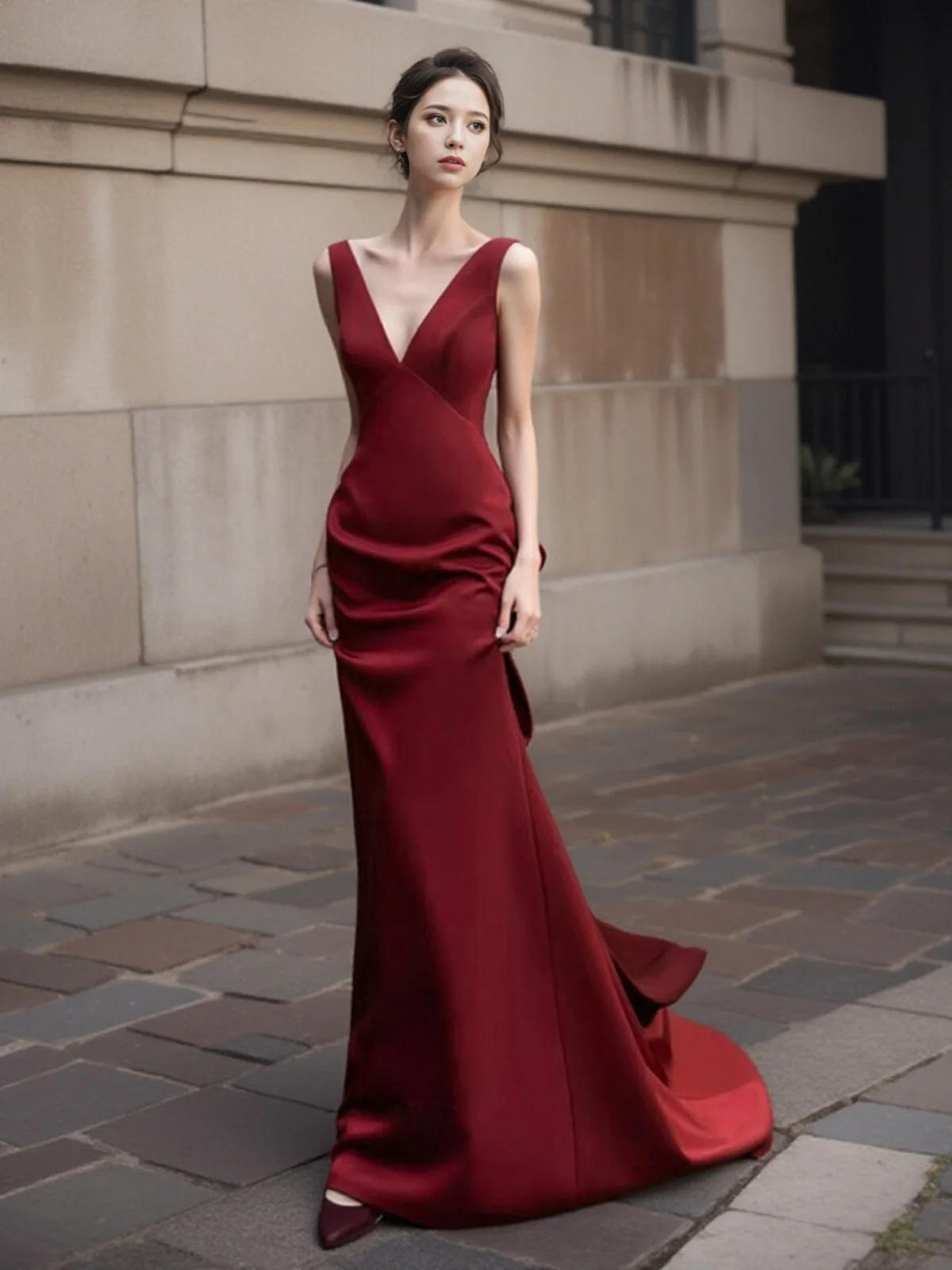 

Вечернее платье цвета красного вина с V-образным вырезом и бретелями для свадьбы, помолвки, банкета, церемонии, модное платье подружки невесты