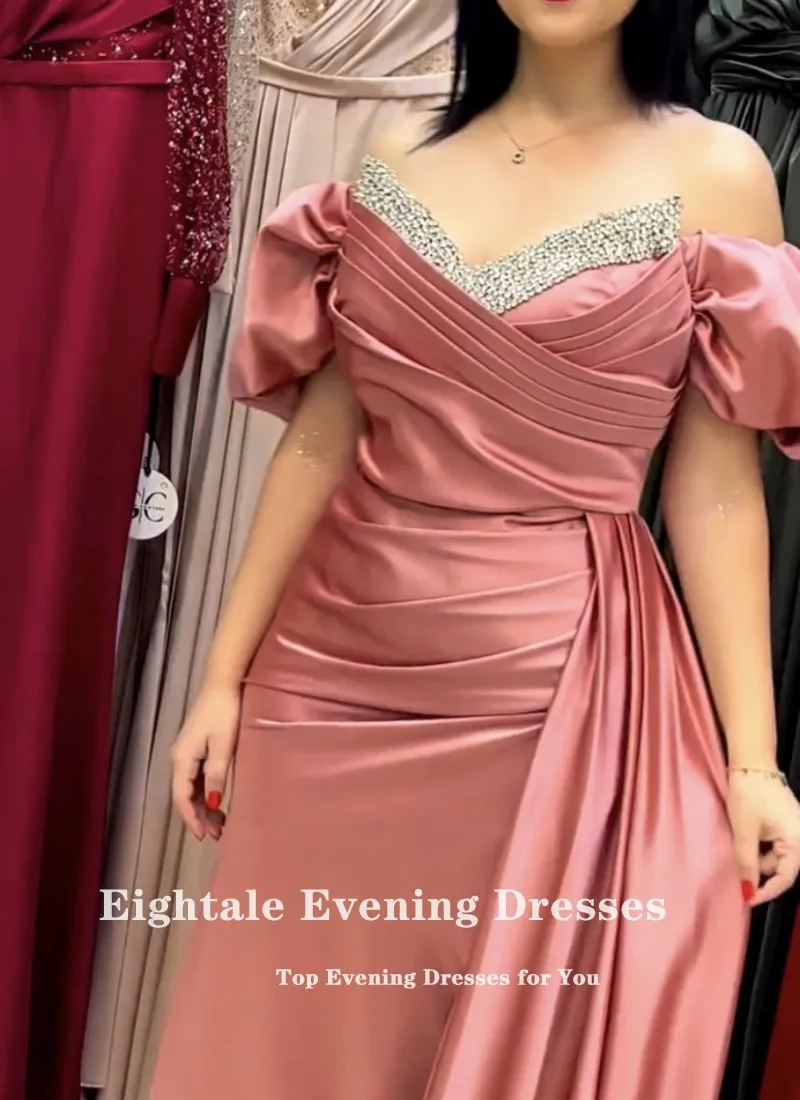 Eightale Arabic Evening Dresses Sexy Beaded Short Sleeves Satin Dubai Formal Mermaid Celebrity Prom Party Gowns for Wedding