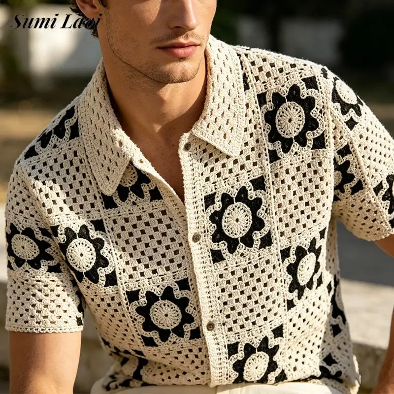 

Stylish Florals Crochet Hollow Out Shirts Mens Summer Vintage Lapel Button-up Short Sleeve Shirt Tops Men Casual Slim Knit Shirt