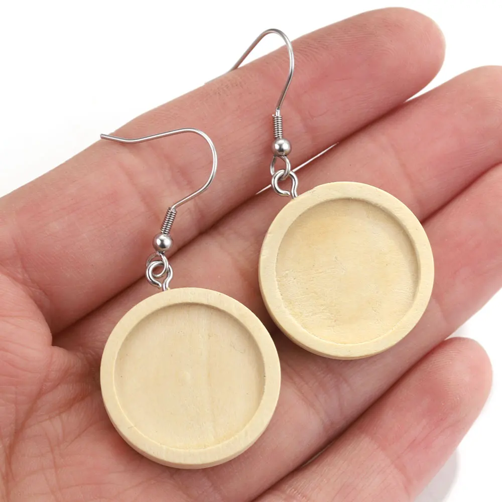 10pcs Wood Tray Bezel Cabochon Earring Hook Blank Setting Round Pendant Ear Base Findings For DIY Glass Cameo Jewelry Making