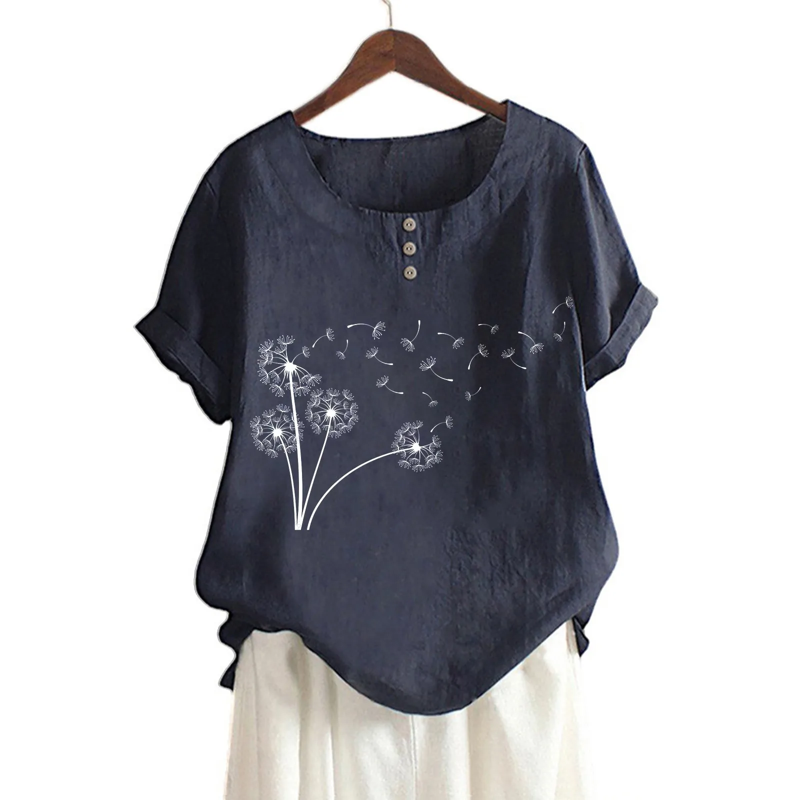 Elegant Daisy-Print Cotton Linen Shirt Casual Summer Women O-Neck Short Sleeve Yellow Pullover Top Fashion Street Flower Blous