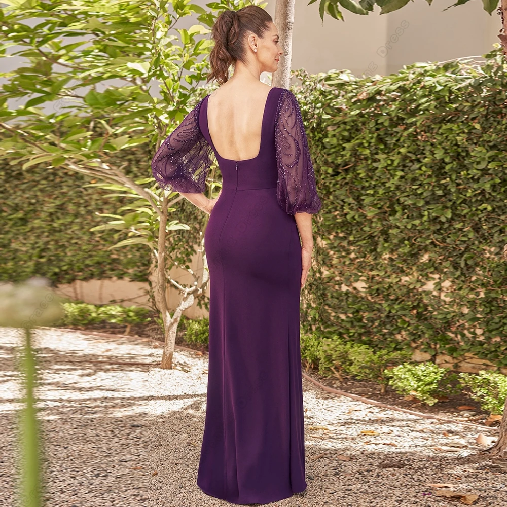 Elegant Purple Side Slit Mother of Bride Dresses for Women Beading Square Collar luxury  Wedding Party Gown Vestido De Noche