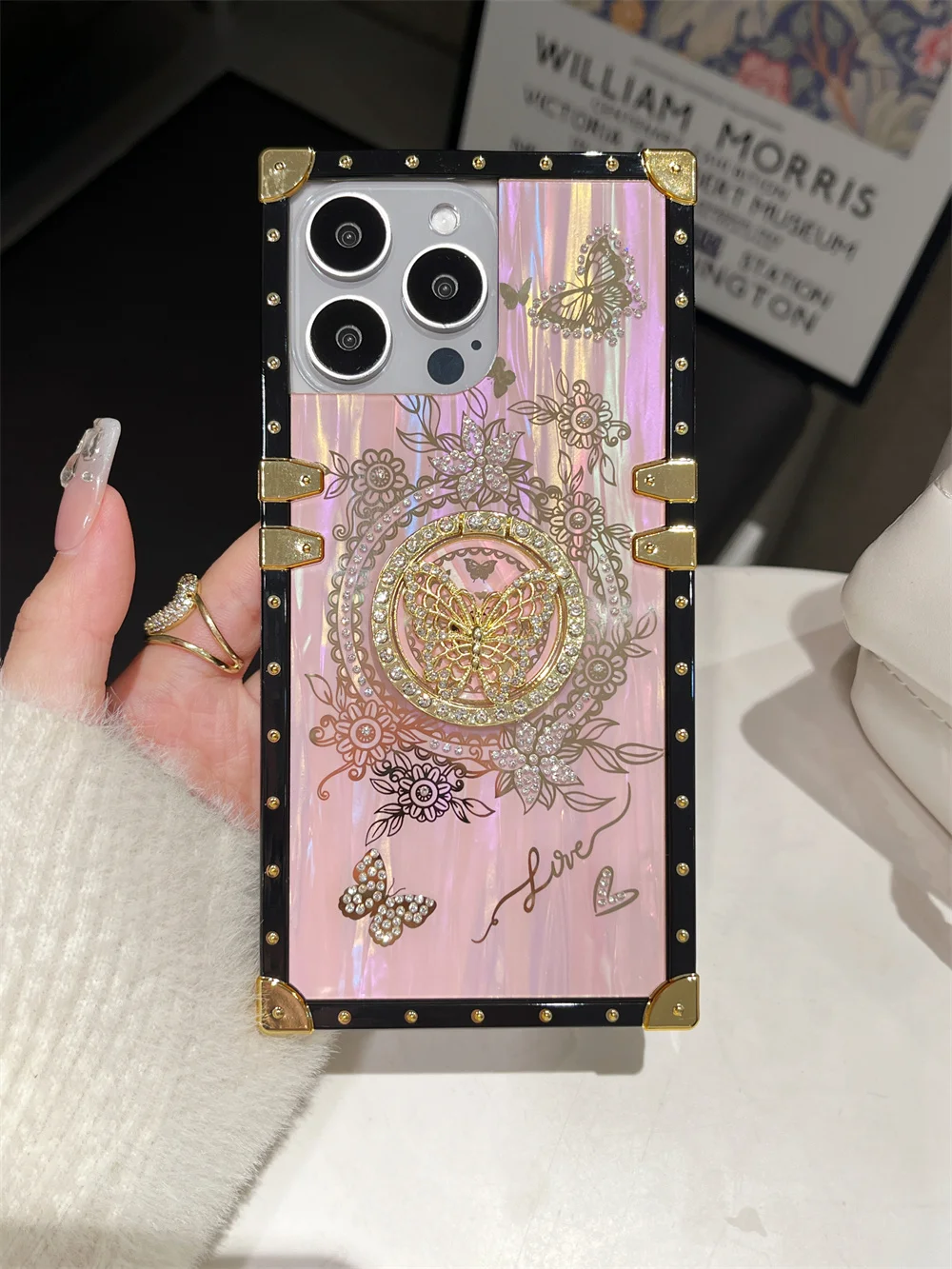 Luxury Glitter Butterfly Bracket Square Case for iPhone 17 Pro Max/16 Plus/15 Pro/14/13/12/11 Laser Aurora Pattern Stand Cover
